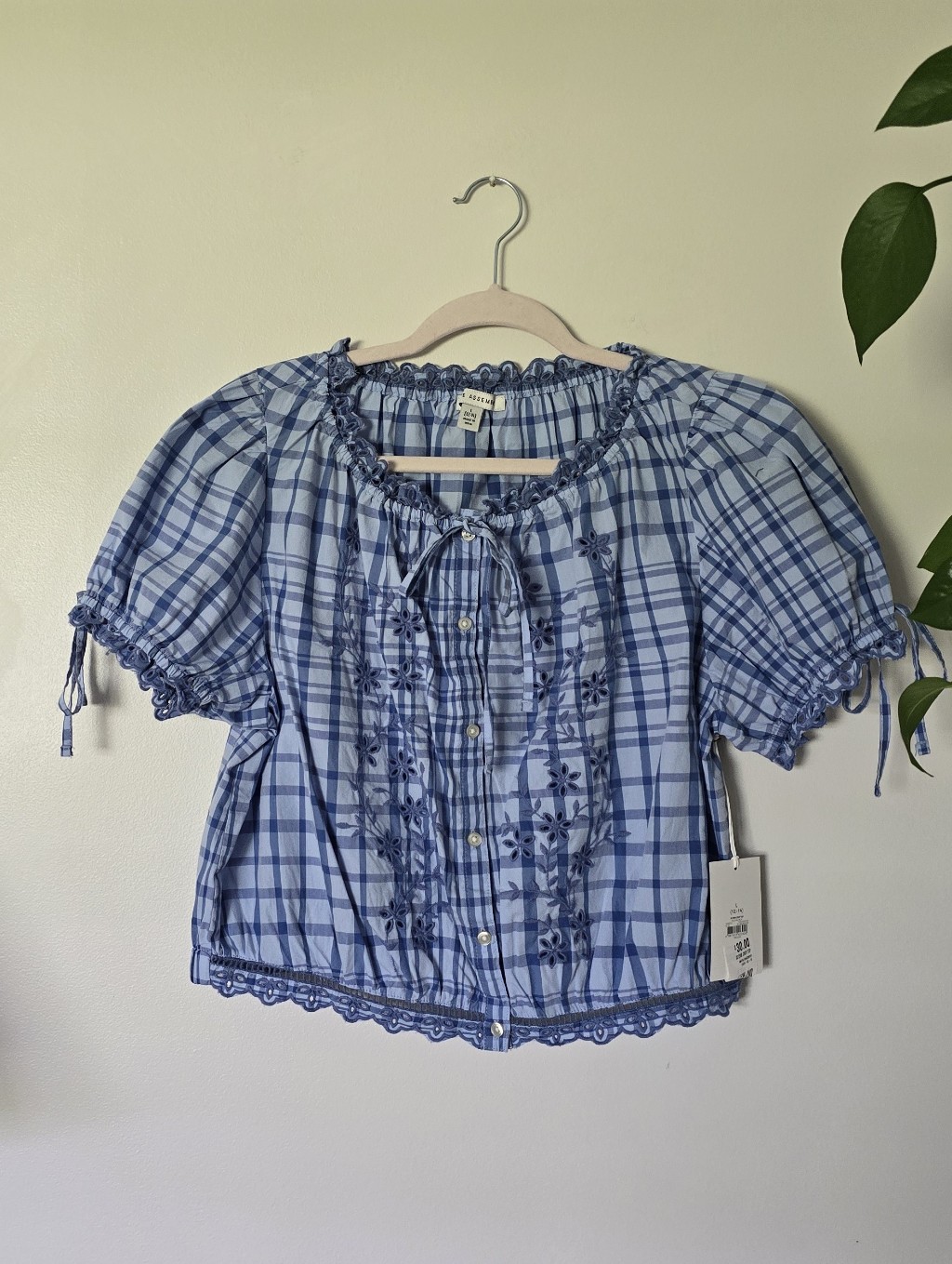 New Free Assembly Womens Large Cropped Blue Embroidered Top